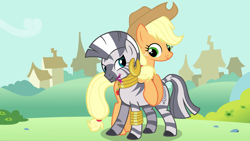 Size: 1920x1080 | Tagged: safe, artist:adcoon, character:applejack, character:zecora, species:zebra, ship:applecora, female, interspecies, lesbian, shipping