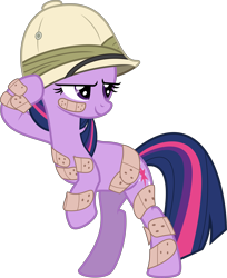 Size: 6000x7349 | Tagged: safe, artist:aureai, character:twilight sparkle, character:twilight sparkle (unicorn), species:pony, species:unicorn, episode:feeling pinkie keen, g4, my little pony: friendship is magic, .svg available, absurd resolution, bandaid, bipedal, bipedal leaning, clothing, confident, female, hat, injured, leaning, pith helmet, simple background, solo, transparent background, vector