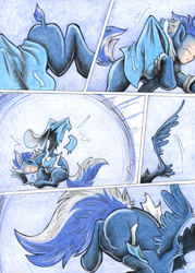 Size: 888x1242 | Tagged: safe, artist:chocolatechilla, part of a set, oc, oc only, oc:midnight star, species:pegasus, species:pony, comic:a dream come true, comic, eyes closed, human to pony, part of a series, ripping clothes, solo, tail, traditional art, transformation, transformation sequence, wings