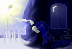 Size: 1200x817 | Tagged: safe, artist:grayma1k, character:princess luna, species:alicorn, species:pony, balcony, burning, canterlot, crescent moon, female, letter, mare, moon, sitting, solo, sun, writing