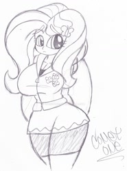 Size: 1024x1381 | Tagged: safe, artist:comet0ne, character:fluttershy, my little pony:equestria girls, big breasts, breasts, busty fluttershy, cleavage, clothing, curvy, cutie mark, female, frown, hourglass figure, jacket, pencil drawing, signature, solo, traditional art, watermark, zipper
