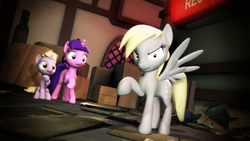 Size: 1920x1080 | Tagged: safe, artist:powdan, character:amethyst star, character:derpy hooves, character:dinky hooves, character:sparkler, species:pegasus, species:pony, 3d, beware the nice ones, epic derpy, equestria's best mother, female, gmod, guardian (web video), imminent beatdown, mama bear, mare, protecting, raised hoof, spread wings, underp, wings