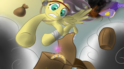 Size: 1920x1080 | Tagged: safe, artist:mattatatta, character:fluttershy, species:pegasus, species:pony, airship, alternate hairstyle, cloud, element of magic, falling, female, mare, saddle bag, sky, solo, survivor shy, wallpaper
