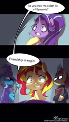 Size: 900x1575 | Tagged: safe, artist:caibaoreturn, character:moondancer, character:starlight glimmer, character:sunset shimmer, character:trixie, species:pony, species:unicorn, batman v superman: dawn of justice, counterparts, dialogue, hilarious in hindsight, imminent death, magical quartet, scary shiny glasses, shaking, starlight gets what's coming to her, this will end in tears and/or death, twilight's counterparts