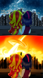 Size: 1024x1829 | Tagged: safe, artist:jabbie64, character:sunset shimmer, character:twilight sparkle, character:twilight sparkle (scitwi), species:eqg human, ship:scitwishimmer, ship:sunsetsparkle, my little pony:equestria girls, asteroid, building, city, comet, counterparts, cute, dark comedy, death, doom, female, fire, funny, impact, implied death, joke, lesbian, lights, meteor, night, shipping, skyline, stars, sunset's counterparts, twilight's counterparts