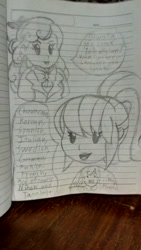 Size: 1872x3328 | Tagged: safe, artist:pokecure123, character:diwata aino, character:orange sherbette, my little pony:equestria girls, background human, duo, grayscale, lined paper, monochrome, photo, traditional art