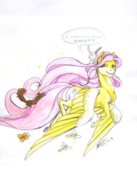 Size: 1024x1335 | Tagged: safe, artist:sagastuff94, character:angel bunny, character:fluttershy, species:rabbit, animal, butterfly, dialogue, dragonfly, grammar error, speech bubble, squirrel, traditional art