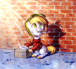 Size: 1200x1090 | Tagged: safe, artist:stasysolitude, species:earth pony, species:pony, clothing, colt, crepuscular rays, hat, male, mouth hold, ponified, scrooge mcduck, solo, sweater, the life and times of scrooge mcduck, unshorn fetlocks