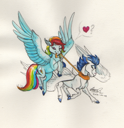 Size: 1024x1056 | Tagged: safe, artist:sagastuff94, character:rainbow dash, character:soarin', species:pony, ship:soarindash, backwards cutie mark, clothing, female, heart, hoers, male, scarf, shipping, straight, traditional art