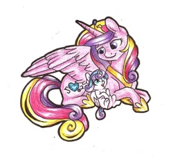Size: 1024x960 | Tagged: safe, artist:twixyamber, character:princess cadance, character:princess flurry heart, mama cadence, mother and daughter, prone, traditional art