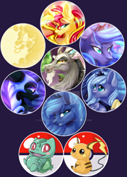 Size: 600x840 | Tagged: safe, artist:arcadianphoenix, character:discord, character:nightmare moon, character:princess luna, character:sunset shimmer, species:pony, bulbasaur, crossover, cute, pokémon, raichu, s1 luna, watermark