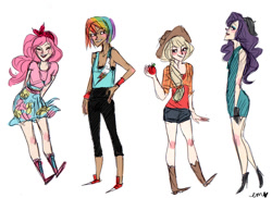 Size: 800x581 | Tagged: safe, artist:emmy, character:applejack, character:pinkie pie, character:rainbow dash, character:rarity, species:human, clothing, dress, female, humanized, simple background, skinny, white background