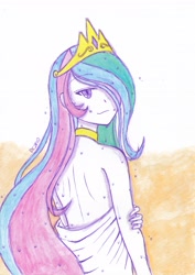 Size: 2468x3480 | Tagged: safe, artist:dragonemperror2810, character:princess celestia, species:human, bathing, female, humanized, looking back, pony coloring, solo, towel, traditional art, wet
