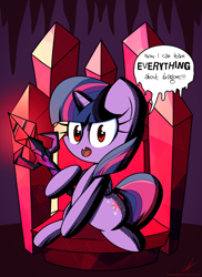 Size: 1600x2200 | Tagged: safe, artist:therandomjoyrider, character:twilight sparkle, character:twilight sparkle (alicorn), species:alicorn, species:pony, episode:gauntlet of fire, g4, my little pony: friendship is magic, bloodstone scepter, dragon lord twilight, female, mare, red eyes, solo, this will end in fire, throne, xk-class end-of-the-world scenario
