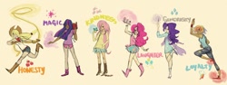 Size: 1500x565 | Tagged: safe, artist:emmy, character:applejack, character:fluttershy, character:pinkie pie, character:rainbow dash, character:rarity, character:twilight sparkle, species:bird, species:human, bandage, bandaid, book, clothing, cupcake, dirty, dress, female, humanized, lasso, line-up, mane six, rope, skirt, tan lines, wristband