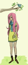 Size: 391x900 | Tagged: safe, artist:emmy, character:fluttershy, species:bird, species:human, breasts, clothing, delicious flat chest, dress, eyes closed, female, flattershy, frilly dress, humanized, skinny, solo