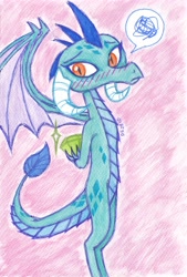 Size: 2188x3228 | Tagged: safe, artist:dragonemperror2810, character:princess ember, character:spike, species:dragon, ship:emberspike, episode:gauntlet of fire, g4, my little pony: friendship is magic, blushing, cute, drawing, emberbetes, female, gem, looking at you, male, shipping, solo, straight, traditional art, tsundember, tsundere
