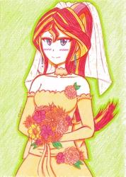 Size: 2476x3476 | Tagged: safe, artist:dragonemperror2810, character:sunset shimmer, my little pony:equestria girls, blushing, bouquet, clothing, dress, female, solo, traditional art, wedding dress
