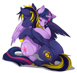 Size: 636x609 | Tagged: safe, artist:mr-tiaa, character:twilight sparkle, character:twilight sparkle (alicorn), oc, oc:zephyr, species:alicorn, species:pony, canon x oc, eyes closed, female, hug, male, mare, shipping, simple background, straight, twiphyr