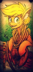 Size: 1487x3195 | Tagged: safe, artist:tamikimaru, character:applejack, ear fluff, female, fence, grin, rope, solo, straw, traditional art