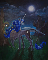 Size: 3292x4128 | Tagged: safe, artist:dalagar, character:princess luna, species:alicorn, species:pony, absurd resolution, canterlot, female, leonine tail, mare, moon, night, solo, spread wings, traditional art, wings