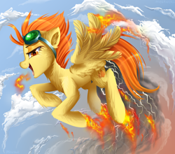 Size: 1650x1450 | Tagged: safe, artist:meotashie, character:spitfire, species:pegasus, species:pony, g4, badass, chest fluff, cloud, epic, eyebrows, female, fire, fluffy, flying, goggles, leg fluff, lightning, looking at you, mare, open mouth, profile, sky, solo, spitfiery, spread wings, wing fluff, wings