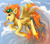 Size: 1650x1450 | Tagged: safe, artist:meotashie, character:spitfire, species:pegasus, species:pony, g4, badass, chest fluff, cloud, epic, eyebrows, female, fire, fluffy, flying, goggles, leg fluff, lightning, looking at you, mare, open mouth, profile, sky, solo, spitfiery, spread wings, wing fluff, wings