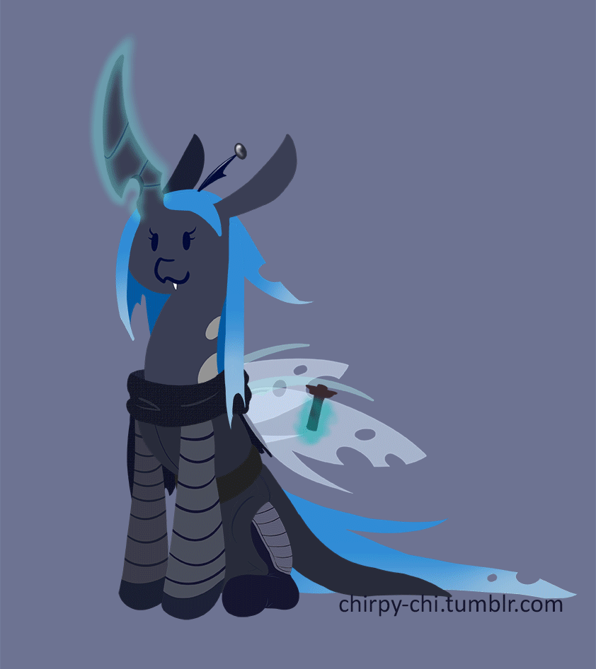 Size: 842x946 | Tagged: safe, artist:chirpy-chi, oc, oc only, oc:queen chalybeous, species:changeling, animated, blue changeling, changeling oc, changeling queen, changeling queen oc, crossguard lightsaber, crossover, female, lightsaber, magic, solo, star wars, telekinesis, weapon