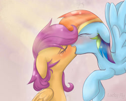 Size: 2500x2000 | Tagged: safe, artist:redheadfly, character:rainbow dash, character:scootaloo, species:pegasus, species:pony, blushing, female, floppy ears, kissing, lesbian, making out, mare, scootadash, shipping