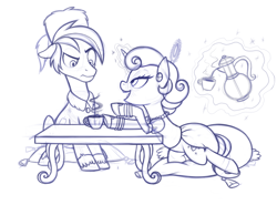 Size: 1000x739 | Tagged: safe, artist:stasysolitude, species:pony, species:unicorn, coffee, goldie o'gilt, monochrome, ponified, scrooge mcduck, shipping, the life and times of scrooge mcduck