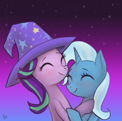 Size: 730x728 | Tagged: safe, artist:ehfa, character:starlight glimmer, character:trixie, species:pony, species:unicorn, ship:startrix, episode:no second prances, g4, my little pony: friendship is magic, accessory swap, female, lesbian, mare, shipping