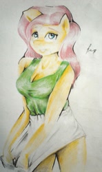 Size: 1515x2560 | Tagged: safe, artist:nolyanimeid, character:fluttershy, species:anthro, species:pegasus, g4, clothing, female, mare, signature, skirt, skirt pull, solo, tank top, three quarter view, traditional art
