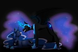 Size: 1280x853 | Tagged: safe, artist:maria-fly, character:nightmare moon, character:princess luna, crying, ethereal mane, glowing horn, grin, inner demons, inner struggle, looming over, prone, spread wings, wings