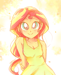 Size: 755x930 | Tagged: safe, artist:kelsea-chan, character:sunset shimmer, species:human, my little pony:equestria girls, arm behind back, beautiful, blushing, breasts, cleavage, cute, female, looking at you, shimmerbetes, smiling, solo