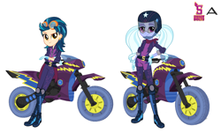 Size: 1106x670 | Tagged: safe, artist:karalovely, character:indigo zap, character:sugarcoat, equestria girls:friendship games, g4, my little pony: equestria girls, my little pony:equestria girls, clothing, crystal prep academy, crystal prep shadowbolts, duo, gloves, helmet, motocross outfit, motorcross, motorcross outfit, motorcycle, motorcycle helmet, simple background, white background