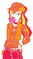 Size: 1691x2957 | Tagged: safe, artist:dragonemperror2810, character:sunset shimmer, my little pony:equestria girls, bubblegum, casual, choker, female, food, gum, ponytail, solo, traditional art, wondercolts
