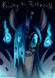 Size: 1190x1683 | Tagged: safe, artist:chirpy-chi, oc, oc only, oc:queen chalybeous, species:changeling, blue changeling, changeling oc, changeling queen, changeling queen oc, female, looking at you, solo