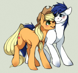 Size: 767x713 | Tagged: safe, artist:mr-tiaa, character:applejack, oc, oc:constance everheart, blushing, canon x oc, everjack, nuzzling, shipping, wink