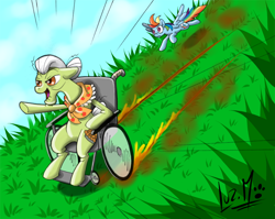 Size: 850x675 | Tagged: safe, artist:chocolatechilla, character:granny smith, character:rainbow dash, flying, fuck the police, grass, spread wings, wheelchair, wings
