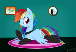 Size: 2900x2000 | Tagged: safe, artist:darkynez, character:rainbow dash, oc, oc:anon, species:pegasus, species:pony, backwards cutie mark, clothing, collar, cute, dashabetes, female, heart eyes, mare, pet play, pet-dash, socks, solo, tongue out, wingding eyes