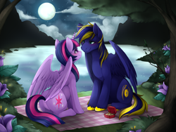 Size: 2000x1500 | Tagged: safe, artist:mr-tiaa, character:twilight sparkle, character:twilight sparkle (alicorn), oc, oc:zephyr, species:alicorn, species:pony, blushing, canon x oc, engagement ring, female, flower, lake, looking at each other, mare, moon, mountain, night, picnic blanket, shipping, sitting, spread wings, twiphyr, wings