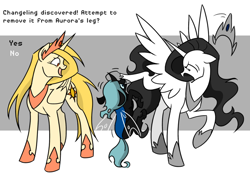 Size: 800x571 | Tagged: safe, artist:valkyrie-girl, oc, oc only, oc:ghost, oc:princess aurora, oc:princess corona, species:alicorn, species:changeling, species:pony, fanfic:the successors, abstract background, alicorn oc, changeling oc, fanfic, fanfic art, simple background