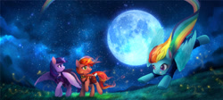 Size: 1800x809 | Tagged: safe, artist:ciciya, character:rainbow dash, character:twilight sparkle, character:twilight sparkle (alicorn), oc, species:alicorn, species:pony, clothing, constellation, female, mare, moon, stars