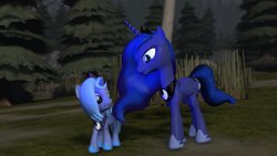 Size: 1280x720 | Tagged: safe, artist:christian69229, character:princess luna, 3d, duality, filly, forest, self adoption, source filmmaker, time paradox, walking, woona