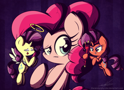 Size: 2200x1600 | Tagged: safe, artist:therandomjoyrider, character:pinkie pie, character:rarity, episode:the saddle row review, g4, my little pony: friendship is magic, angel rarity, devil rarity, scene interpretation, shoulder angel, shoulder devil