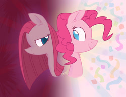 Size: 1280x985 | Tagged: safe, artist:flourret, character:pinkamena diane pie, character:pinkie pie, species:earth pony, species:pony, abstract background, bust, confetti, duality, ear fluff, female, frown, happy, looking at each other, mare, neck fluff, portrait, signature, smiling