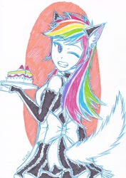 Size: 2472x3492 | Tagged: safe, artist:dragonemperror2810, character:rainbow dash, my little pony:equestria girls, cat ears, clothing, maid, strawberry shortcake, wink