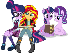 Size: 4166x3000 | Tagged: safe, artist:ruinedomega, character:starlight glimmer, character:sunset shimmer, character:twilight sparkle, character:twilight sparkle (alicorn), character:twilight sparkle (scitwi), species:alicorn, species:eqg human, ponyscape, my little pony:equestria girls, book, book phone, counterparts, group, inkscape, magical trio, simple background, sitting, transparent background, twilight's counterparts, vector, writing