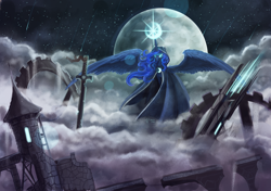 Size: 4960x3500 | Tagged: safe, artist:dalagar, character:princess luna, absurd resolution, cloak, clothing, female, fog, magic, moon, solo, spread wings, stars, sword, tower, weapon, wings