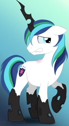 Size: 563x1024 | Tagged: safe, artist:arcadianphoenix, character:shining armor, species:changeling, species:pony, blue background, changelingified, fanfic, fanfic art, fanfic cover, gradient background, lip bite, raised hoof, simple background, solo, species swap, transformation, wing nub